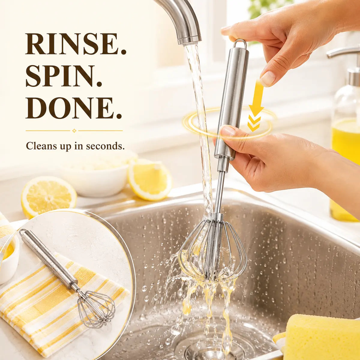 Stainless steel rotary whisk rinses clean quickly