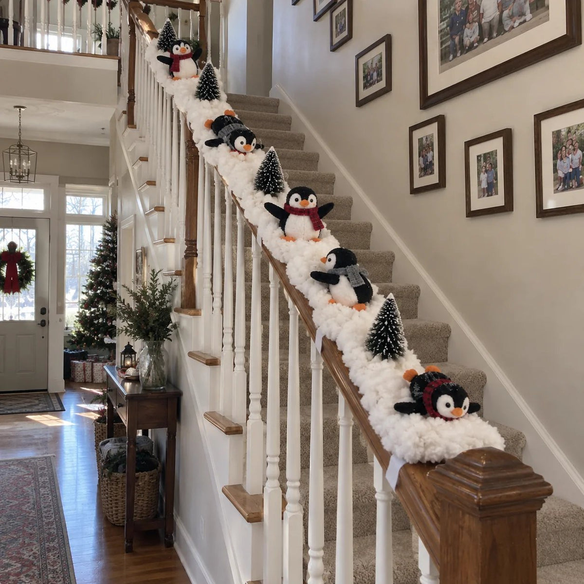 🎄 Lighted Penguin Snowy Stair Railing Christmas Decor