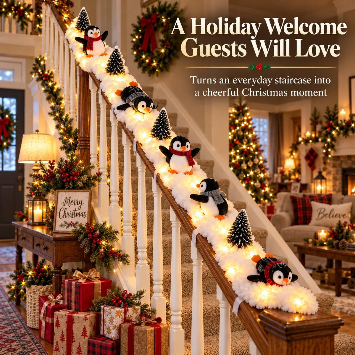 🎄 Lighted Penguin Snowy Stair Railing Christmas Decor