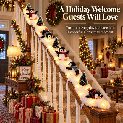 🎄 Lighted Penguin Snowy Stair Railing Christmas Decor