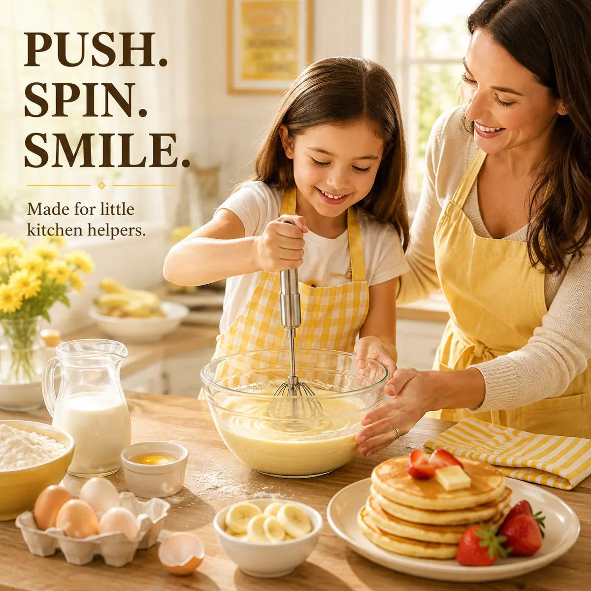Family kitchen mixing with a one-push rotary whisk