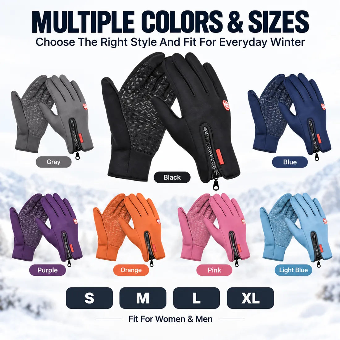 Waterproof touchscreen gloves in gray black blue purple orange pink and light blue with S M L XL sizes