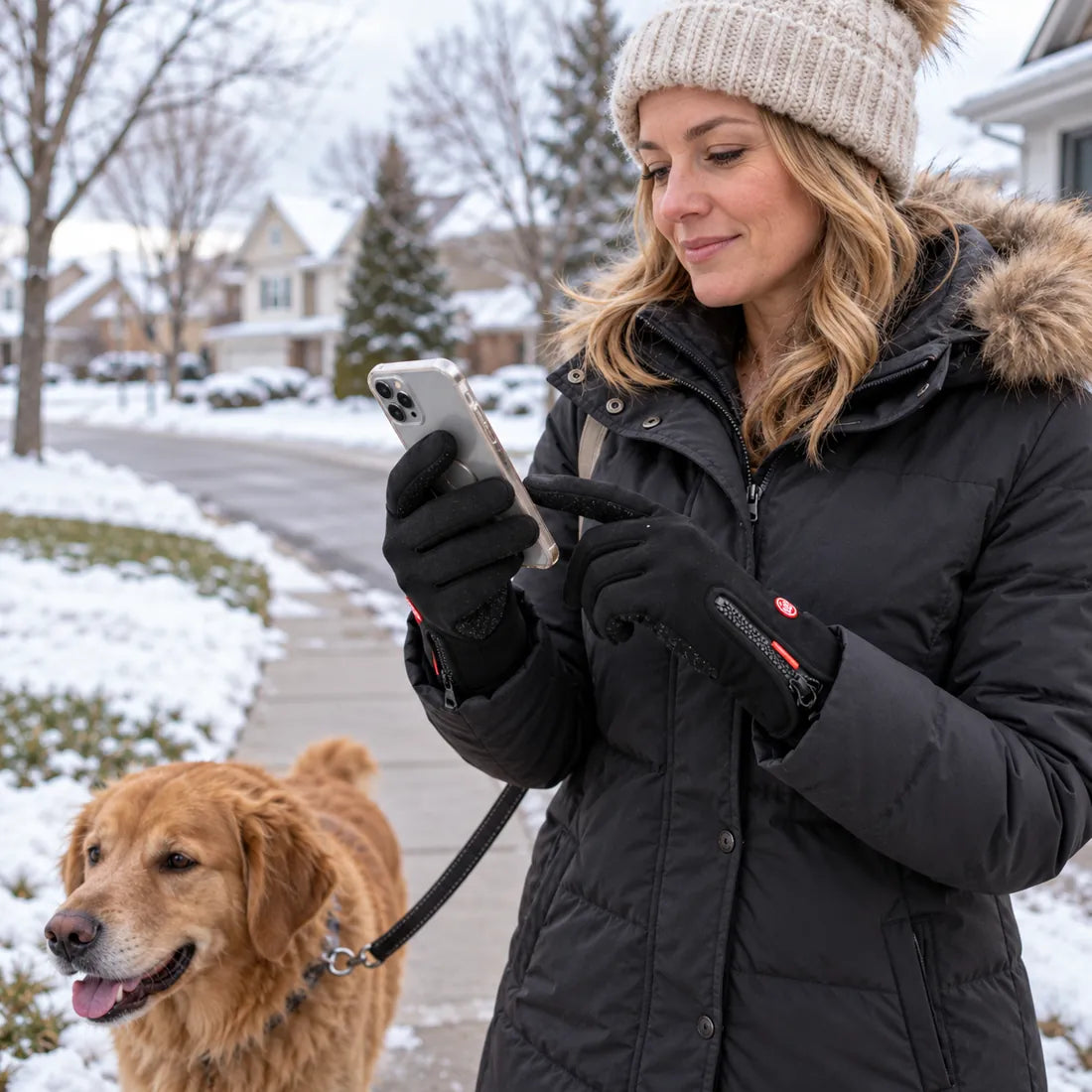 Woman using a phone with black touchscreen gloves while walking in winter