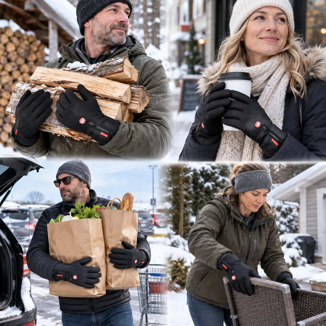 Waterproof touchscreen gloves used for winter chores coffee groceries and outdoor work
