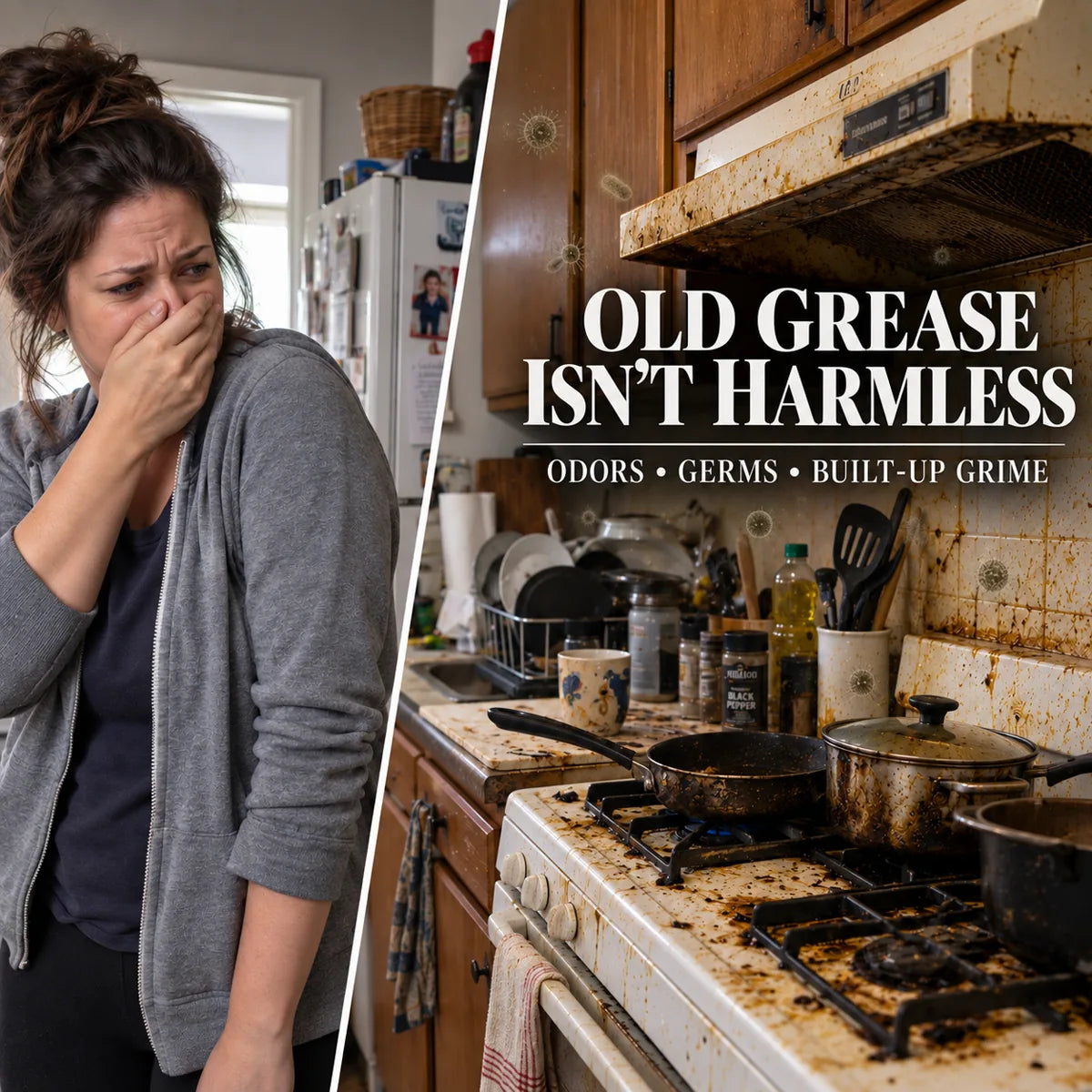 Old grease odors germs and built-up grime around a dirty kitchen stove