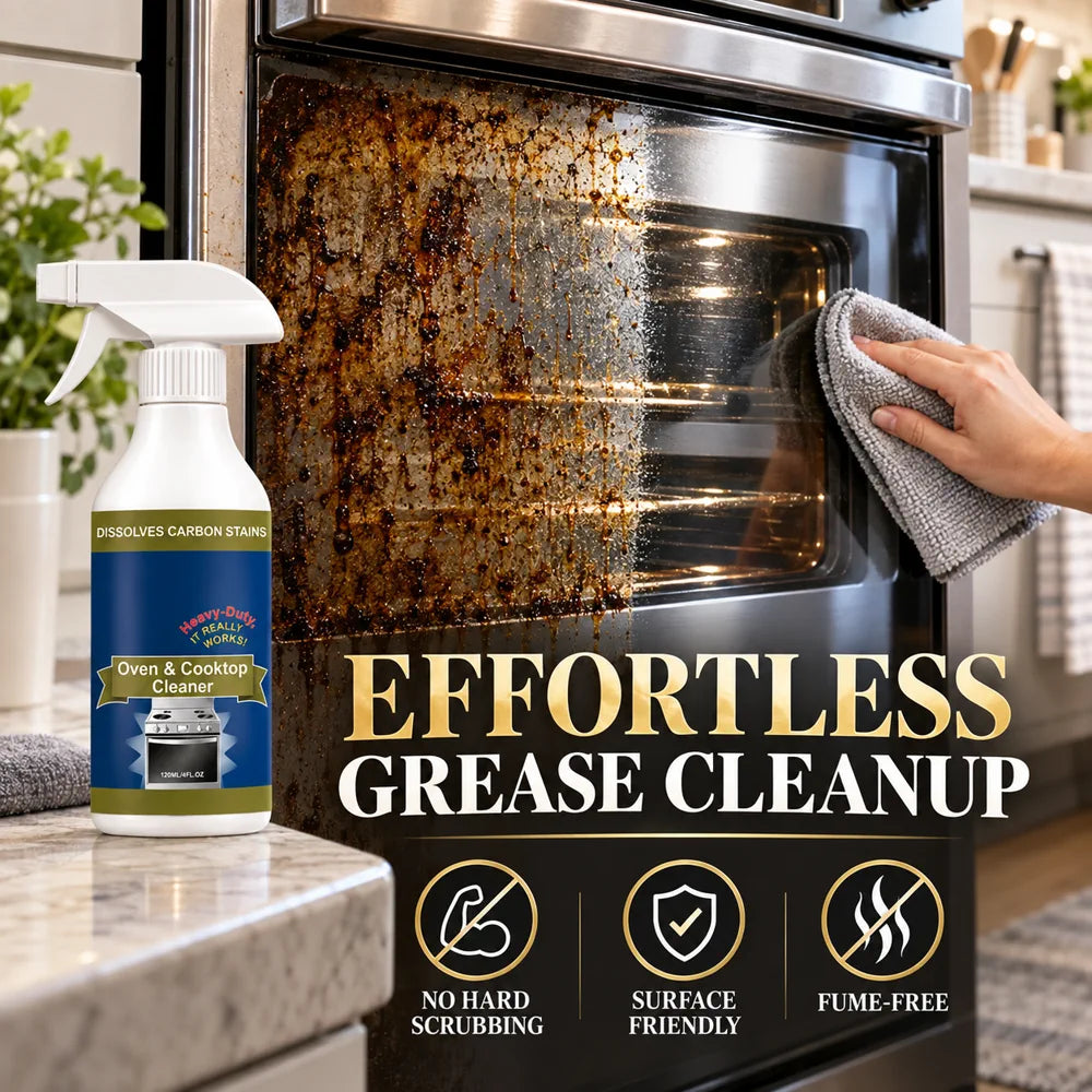 Oven and cooktop cleaner spray beside a half-clean oven glass door