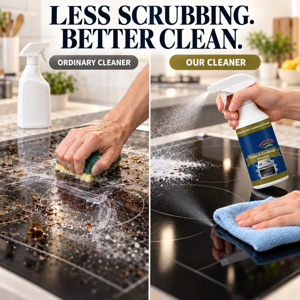 Ordinary cleaner compared with oven and cooktop cleaner for less scrubbing