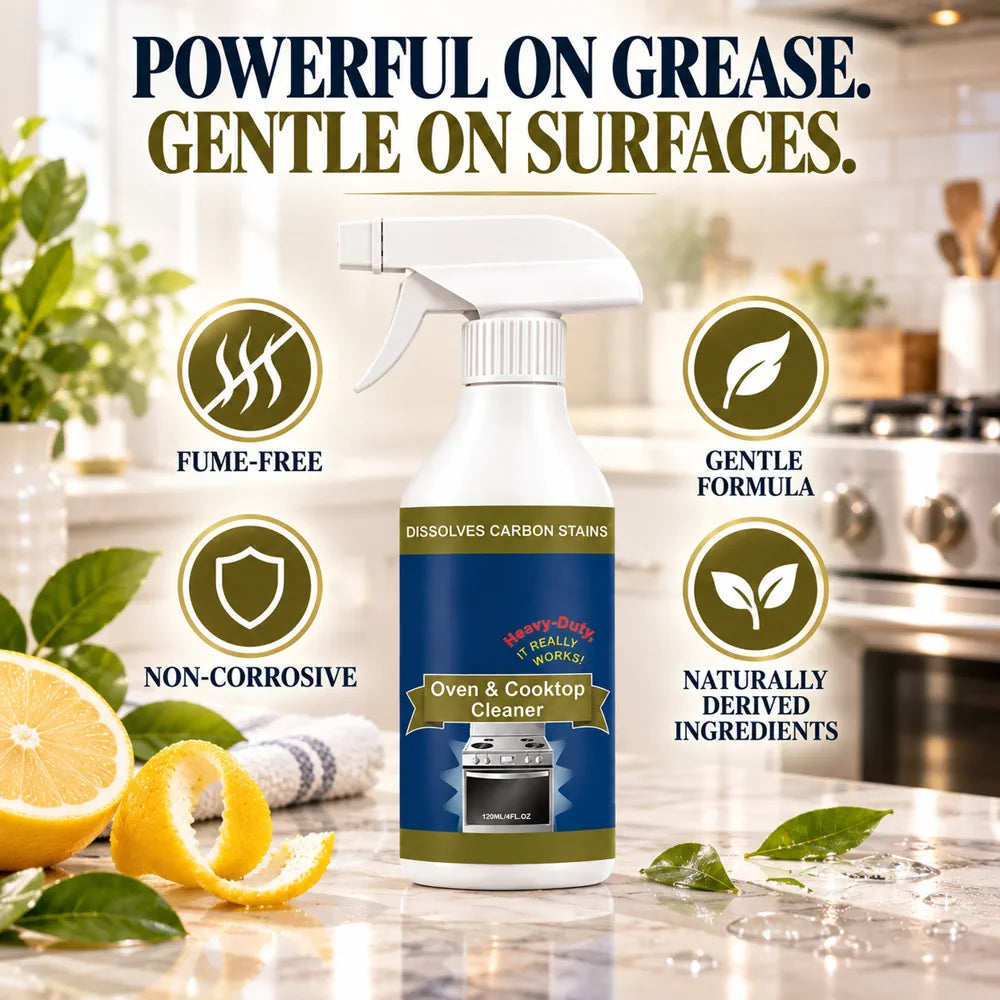 Oven and cooktop cleaner bottle with gentle surface care icons