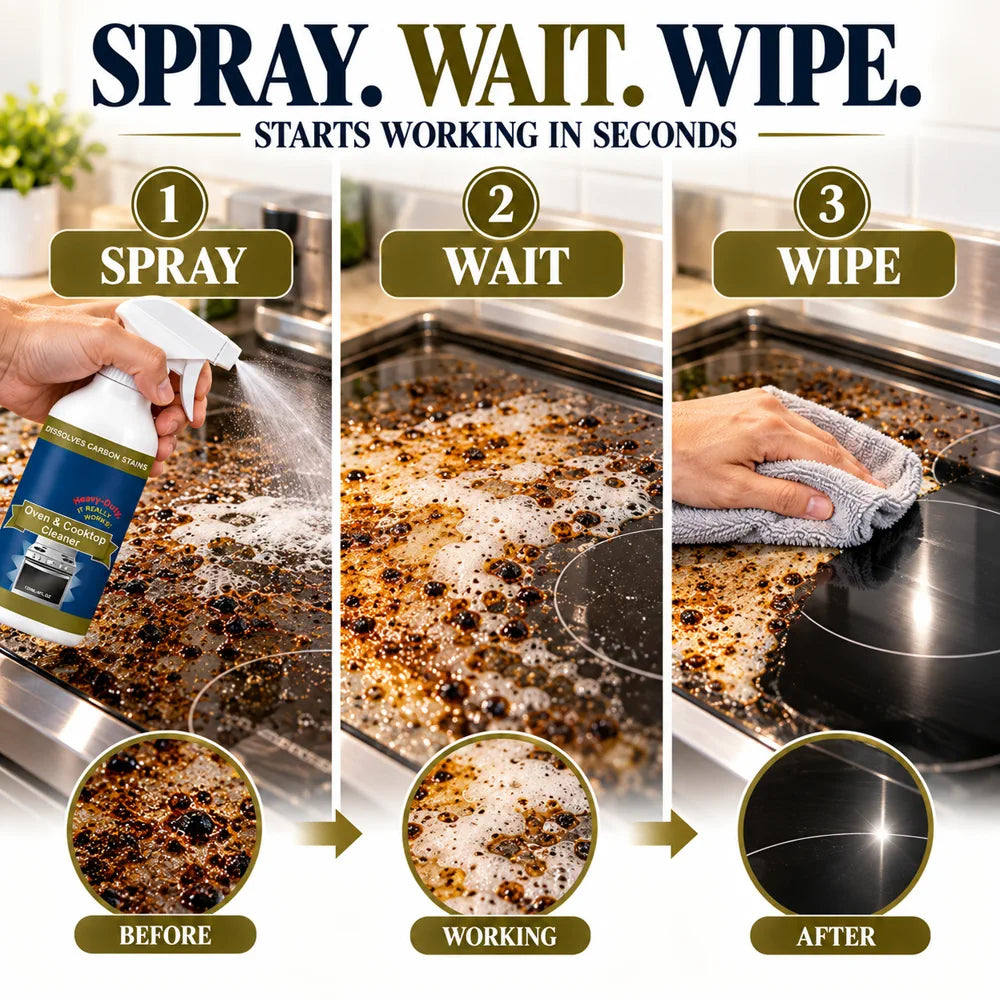 Spray wait wipe oven and cooktop cleaner three step process