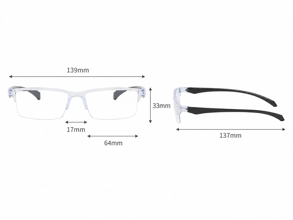 Clear frame reading glasses dimensions showing 139mm width, 33mm lens height, 17mm bridge, 64mm lens width, and 137mm temple length