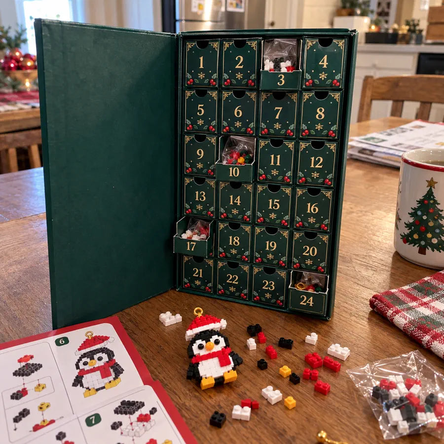 Child opening the advent calendar and building a Santa ornament