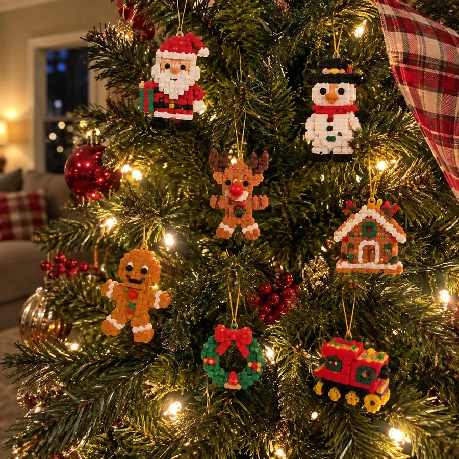 Christmas tree decorated with many mini brick ornaments