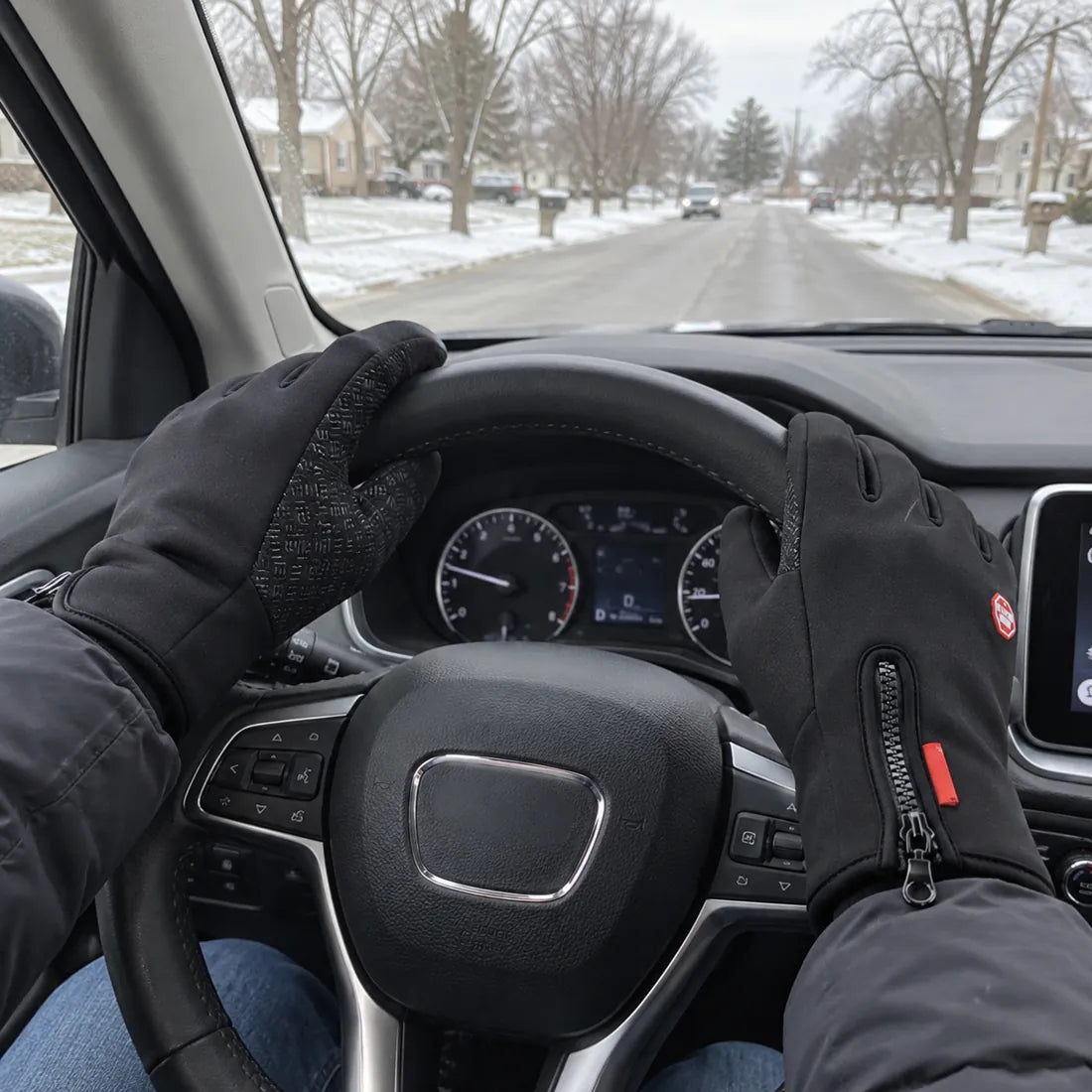 Driver wearing black winter gloves while holding a steering wheel on a snowy road