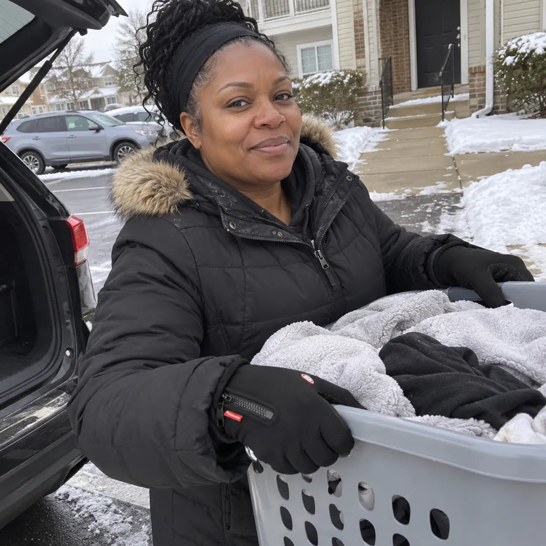 Customer carrying a laundry basket from a car while wearing black winter gloves