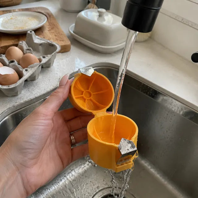 Customer rinsing the Quick Egg Cracker Tool