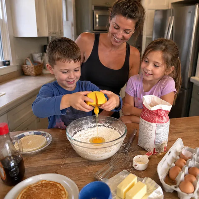 Family using the Quick Egg Cracker Tool for pancakes