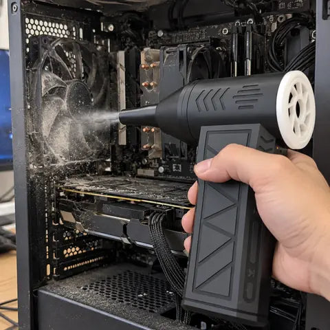 Air duster cleaning a desktop computer