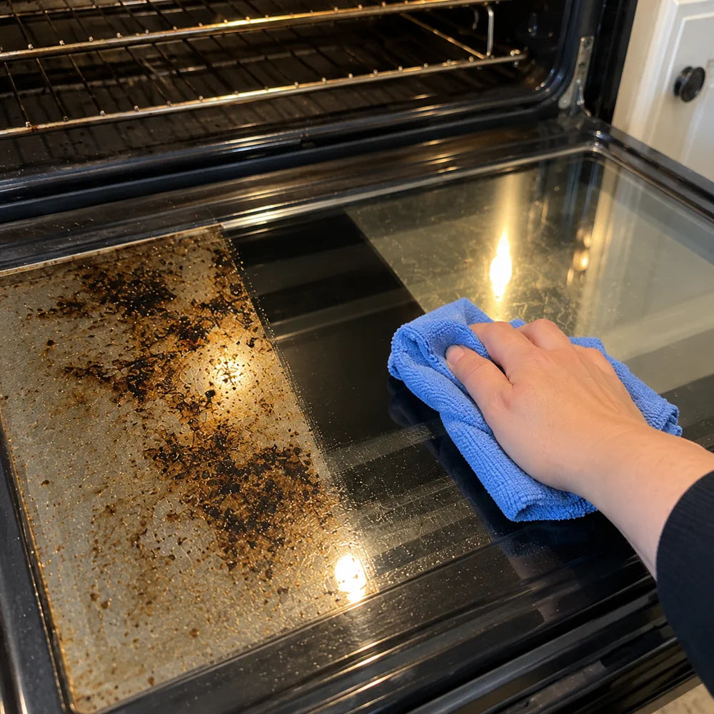 Customer wiping oven glass with cleaner removing grease