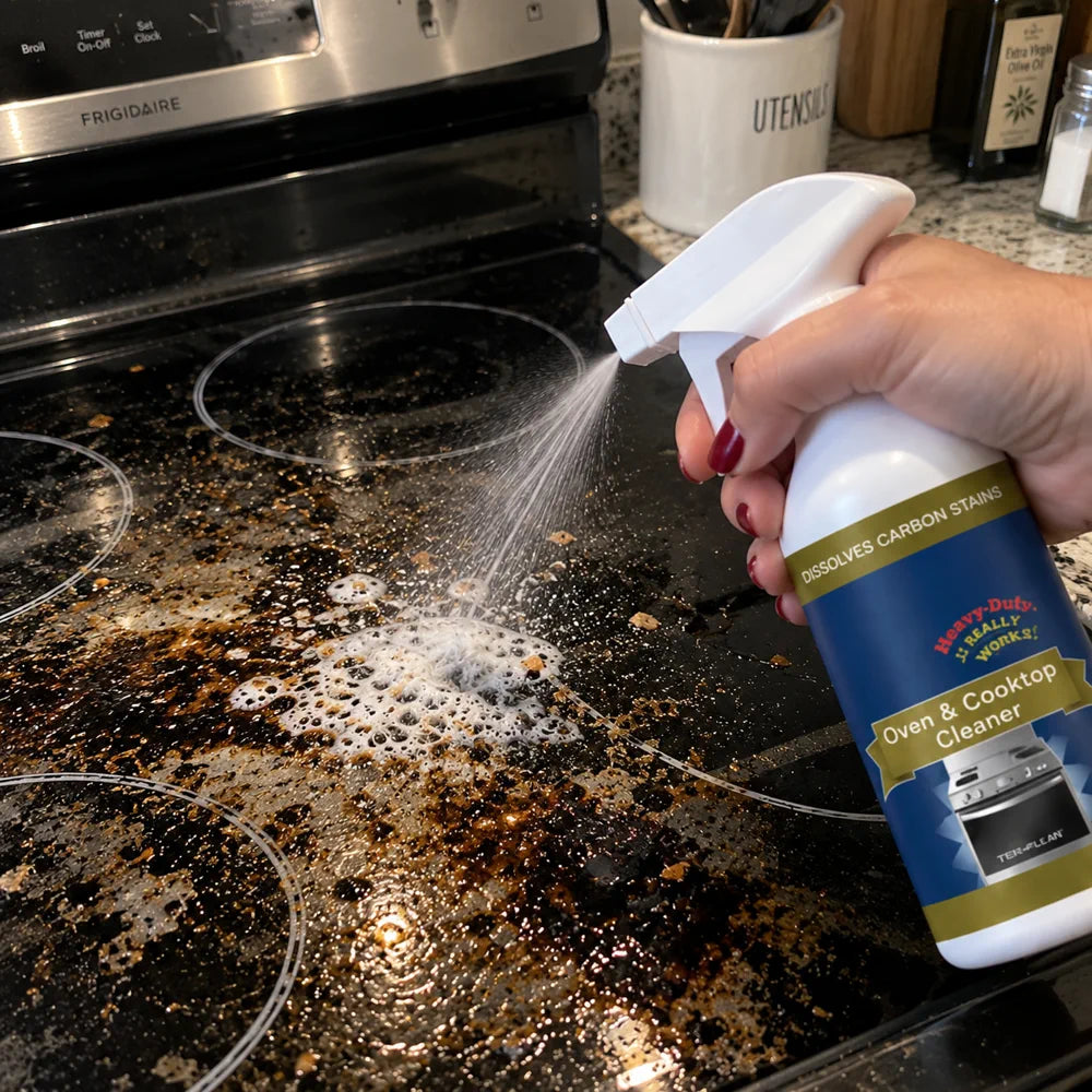 Customer spraying cleaner onto greasy glass cooktop