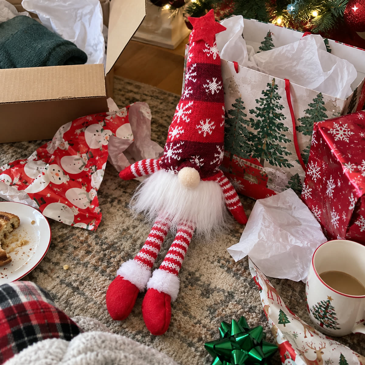 Customer photo of red Christmas doll beside opened gifts