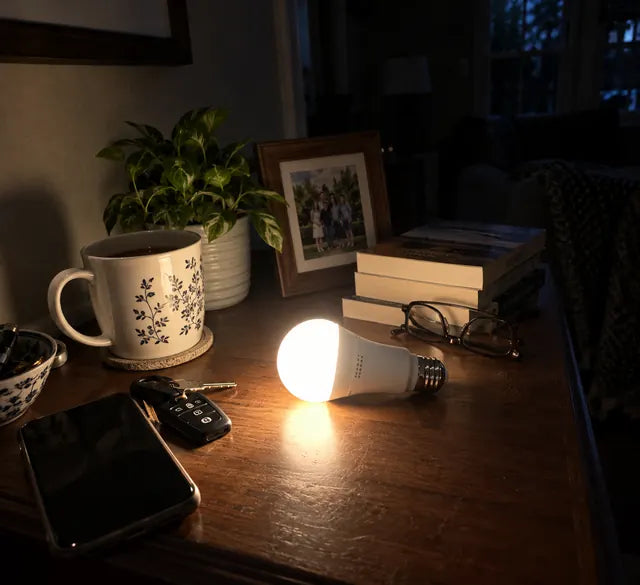 Rechargeable emergency bulb glowing on a table during an outage