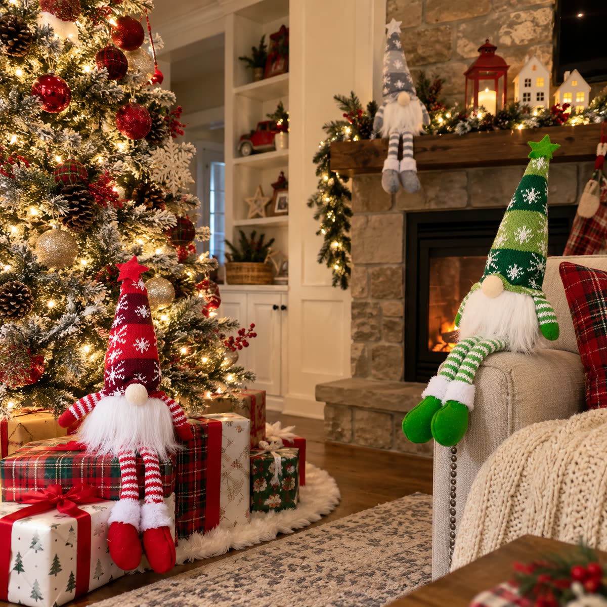 Customer photo of red green and gray Christmas dolls around a tree