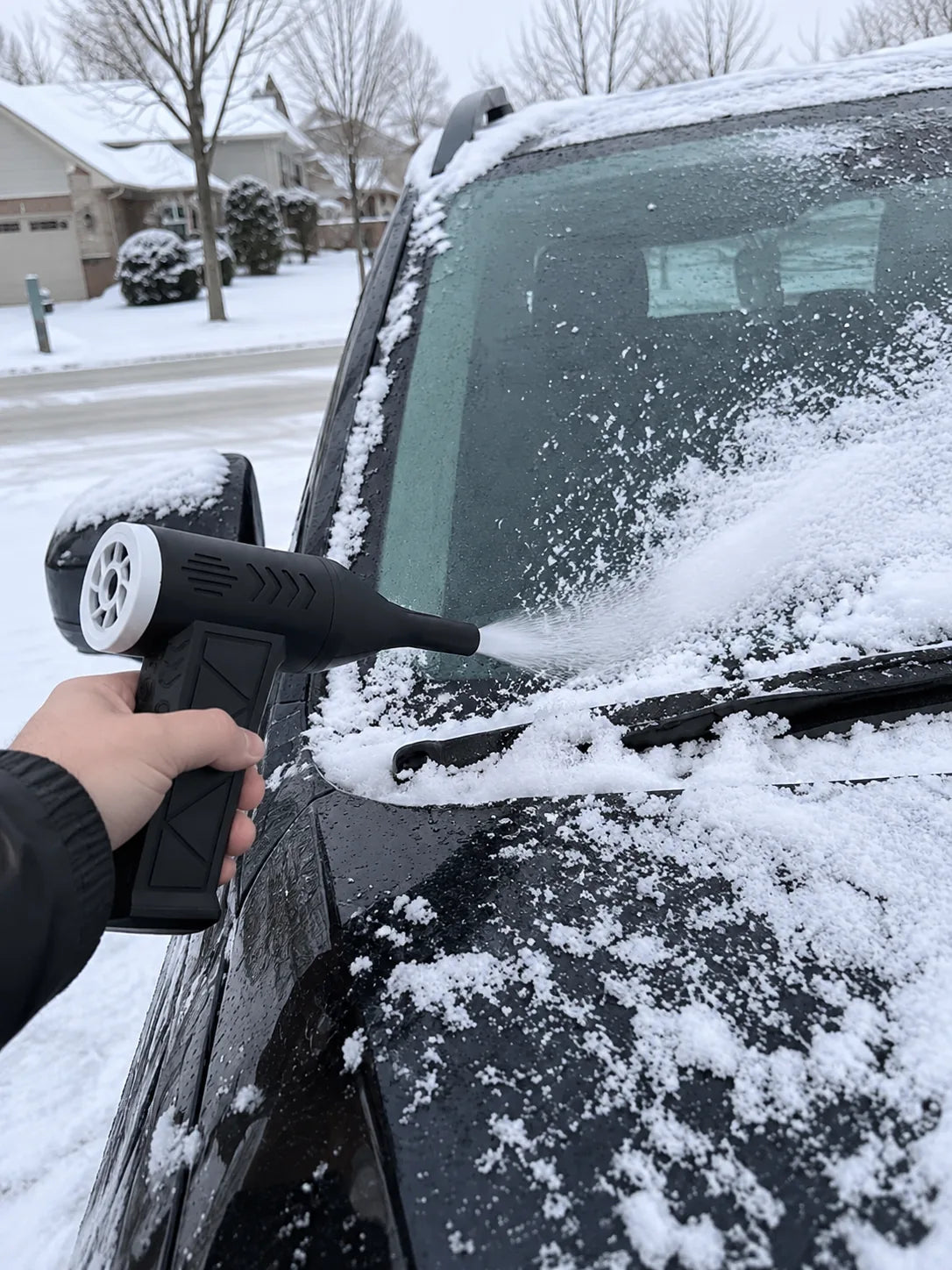 Cordless air duster clearing snow from a car windshield