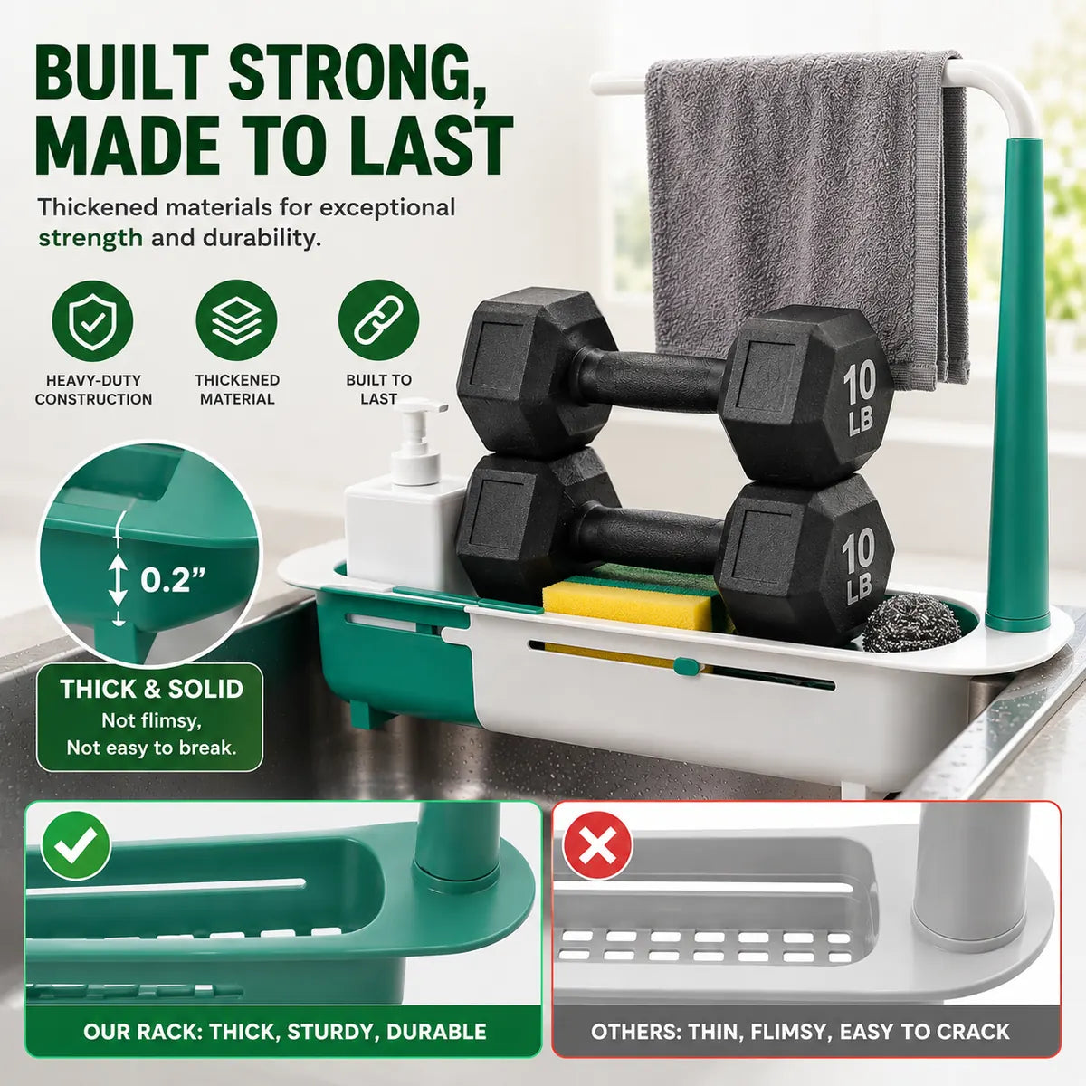 Thickened telescopic sink storage drain rack with stronger load-bearing support