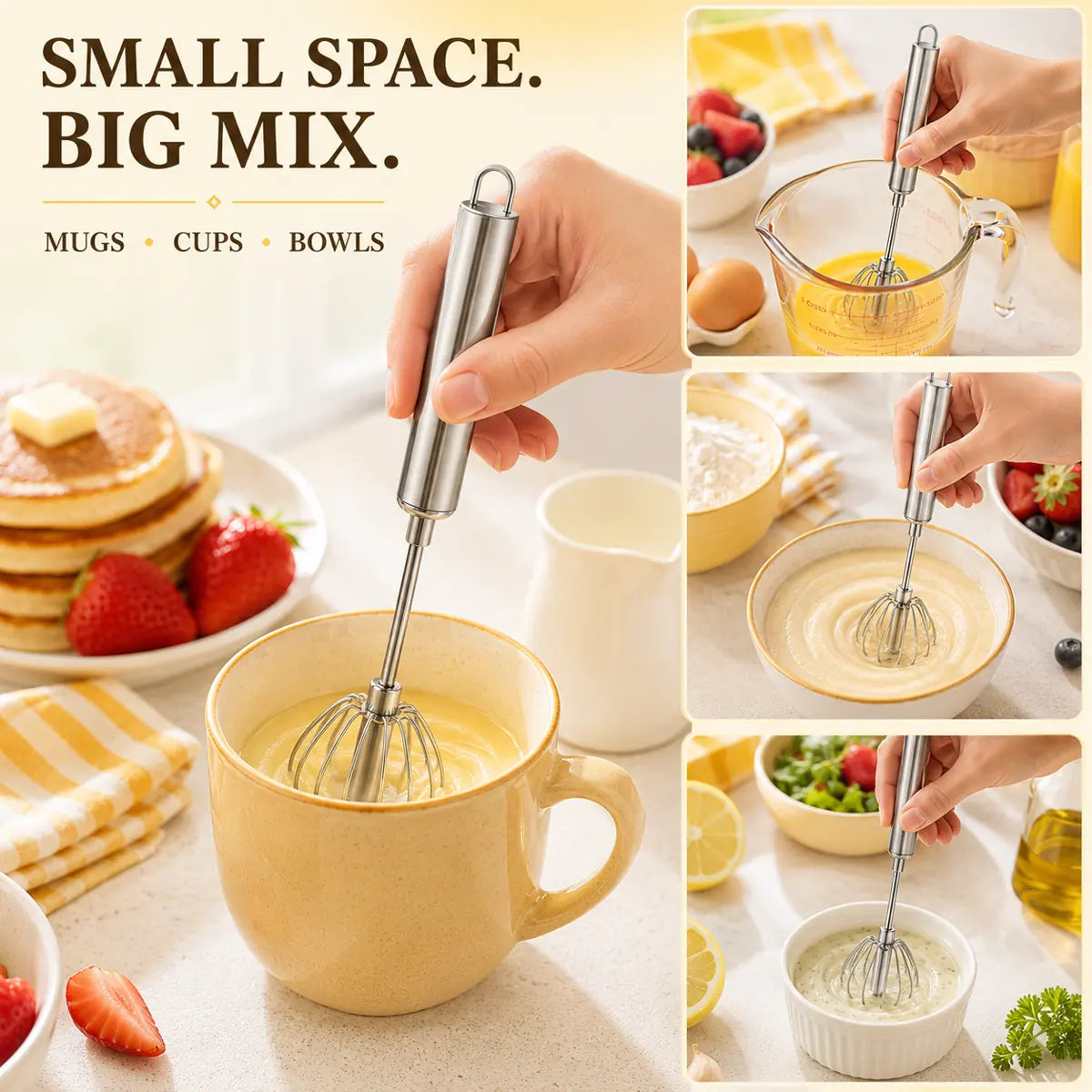 Hand-push rotary whisk used in measuring cups, tall cups, mugs and small bowls