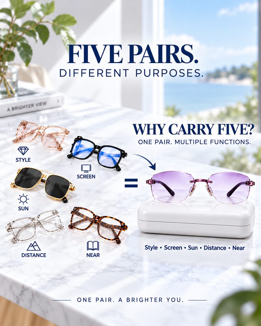 One pair replacing style screen sun distance and near glasses
