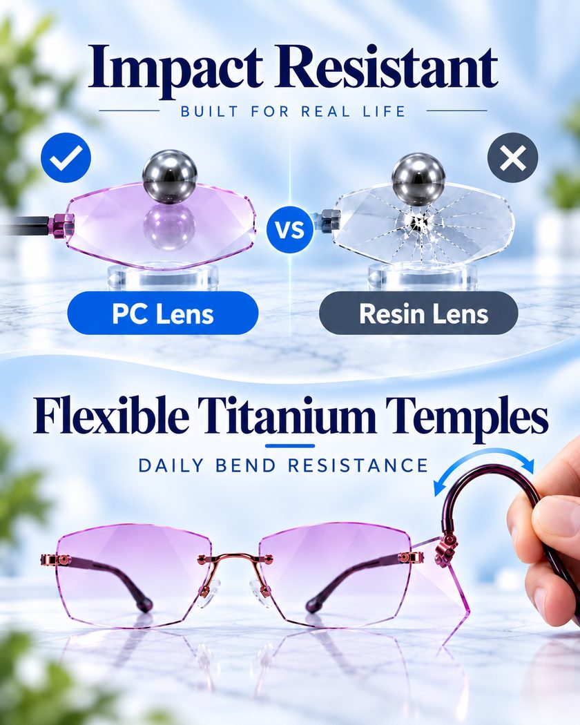 Flexible temples and impact resistant PC lens comparison