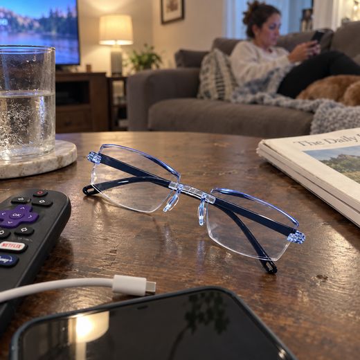 Blue smart zoom glasses on living room coffee table near phone and remote