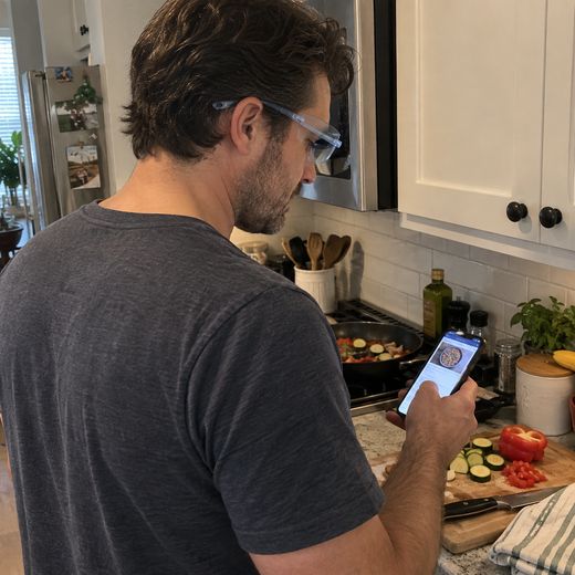 Man cooking while checking phone recipe with blue reading glasses