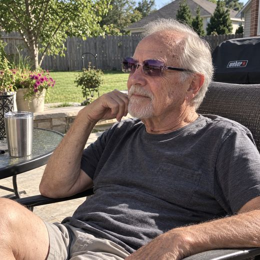 Older man outdoors wearing purple photochromic reading glasses