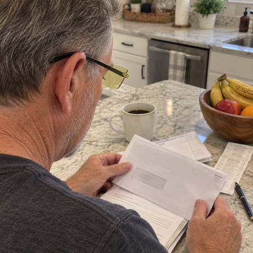 Man reading mail with yellow smart zoom glasses in kitchen