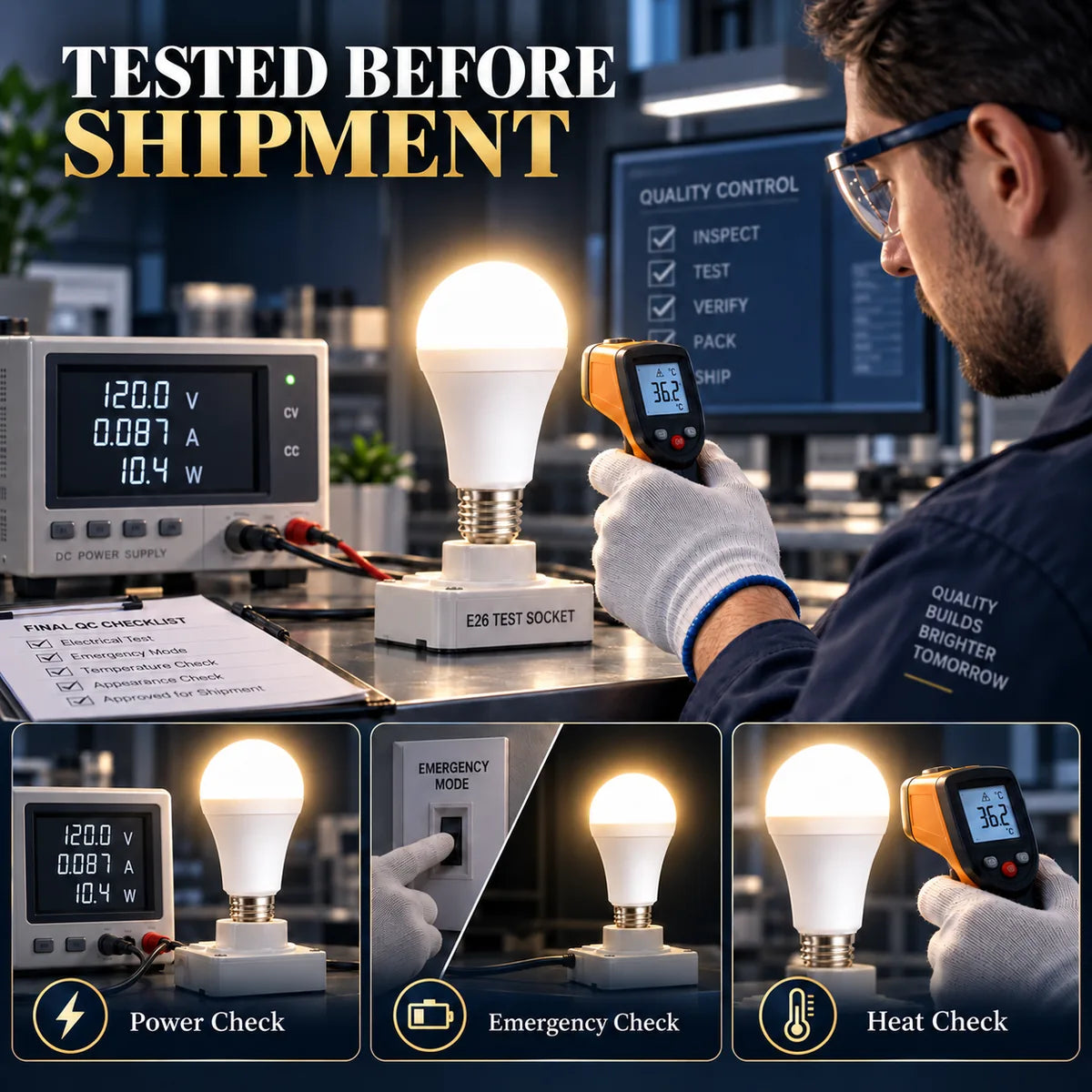 Rechargeable emergency bulb tested before shipment for power emergency and heat safety checks