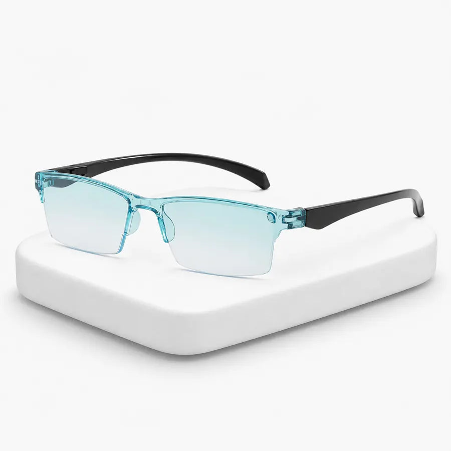 Aqua clear frame reading glasses with black temples on white display block
