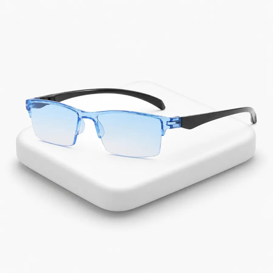 Blue clear frame reading glasses with black temples on white display block