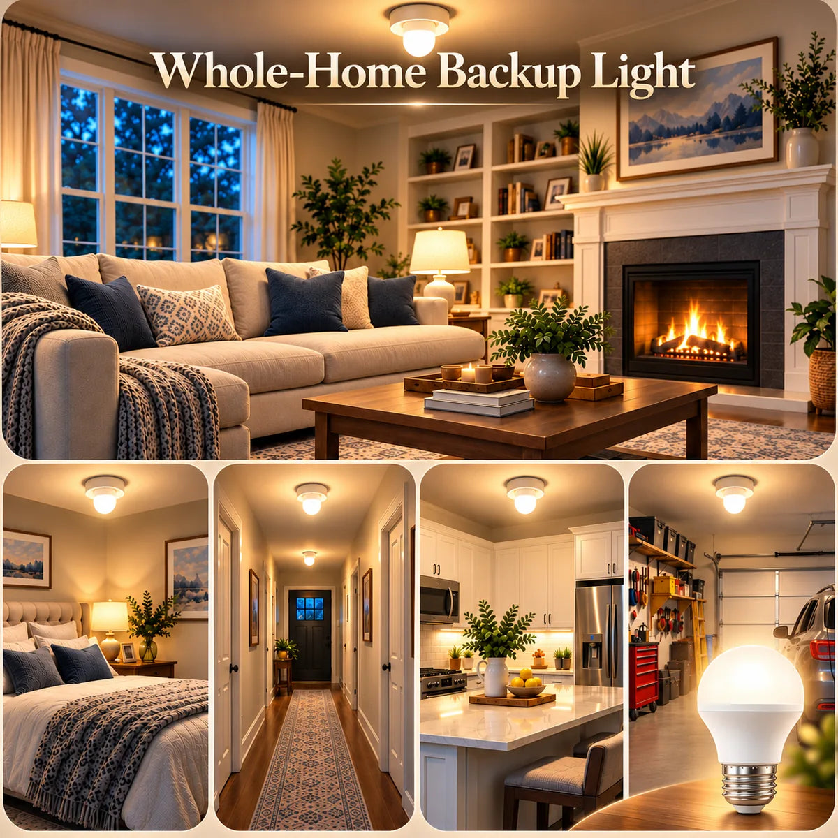 Whole-home backup lighting for living room bedroom hallway kitchen and garage