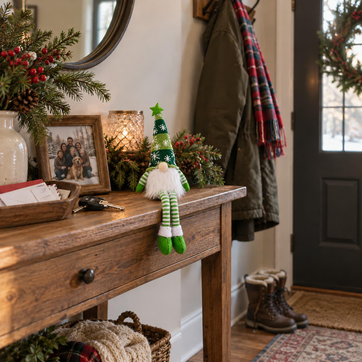 Green Christmas long leg doll displayed on a cozy entryway console table
