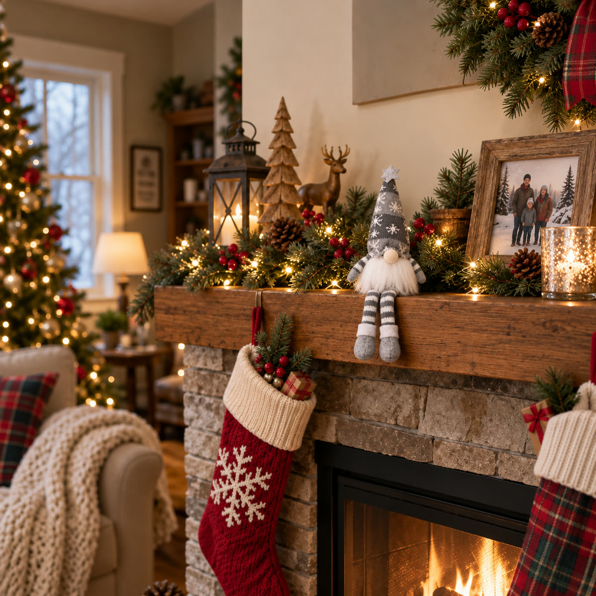 Gray Christmas long leg doll sitting on a decorated fireplace mantel