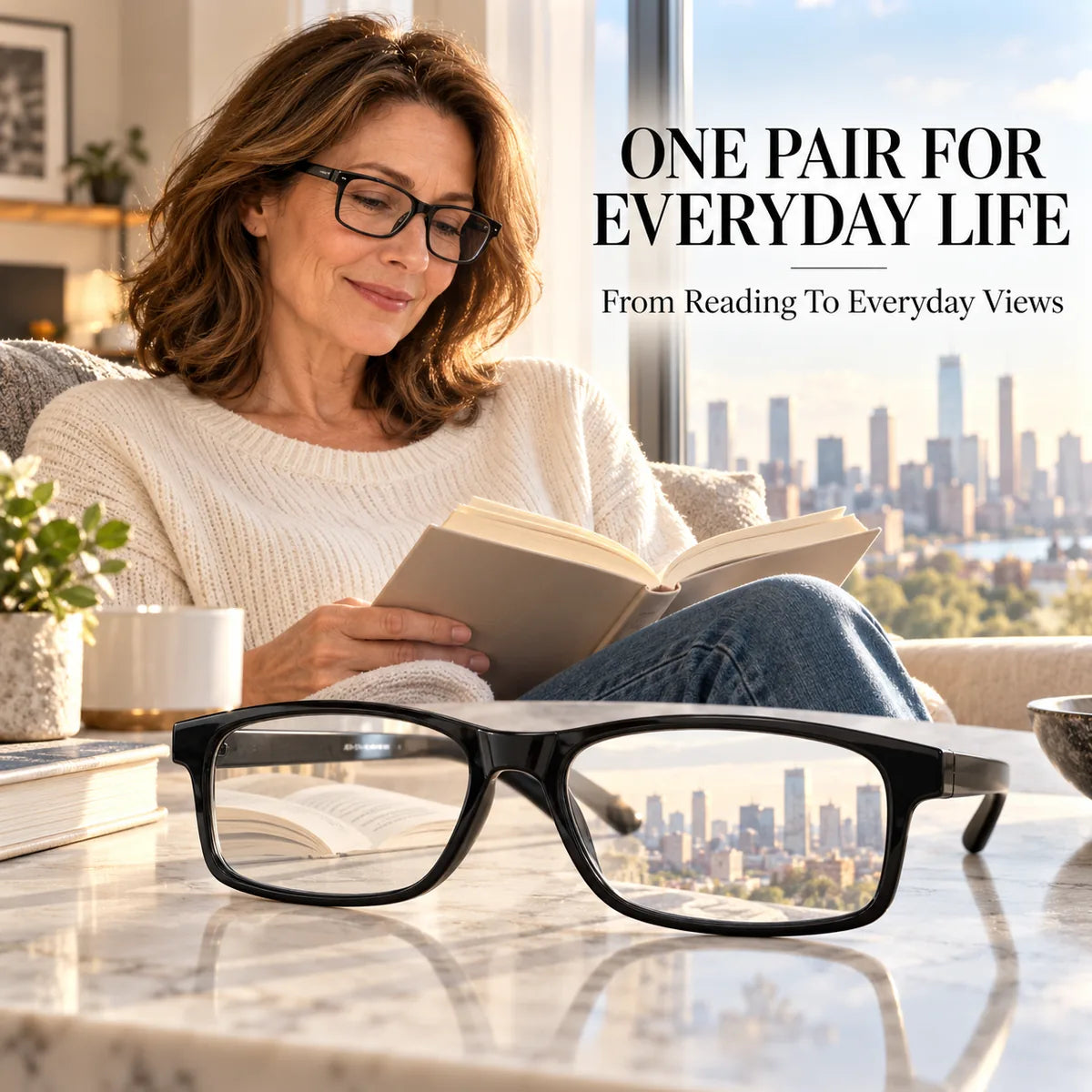 One pair of glasses for reading and everyday distance viewing