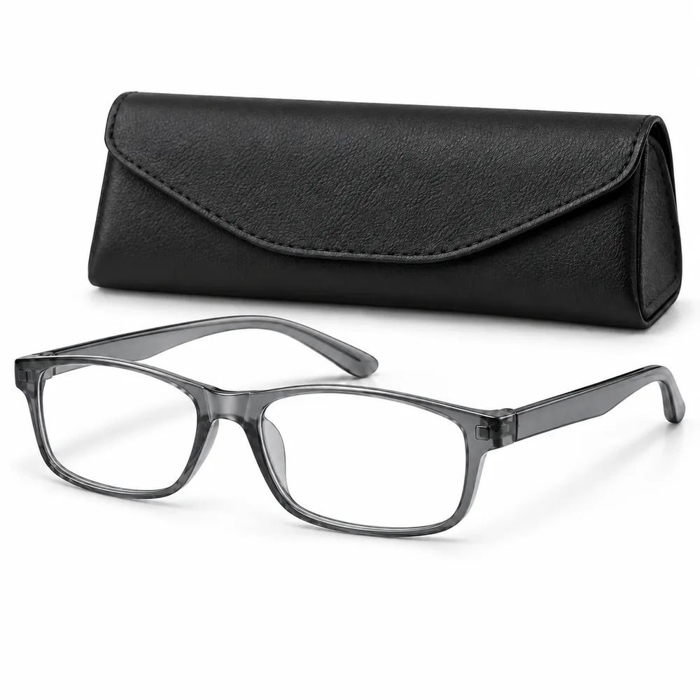 Gray glasses frame with black case