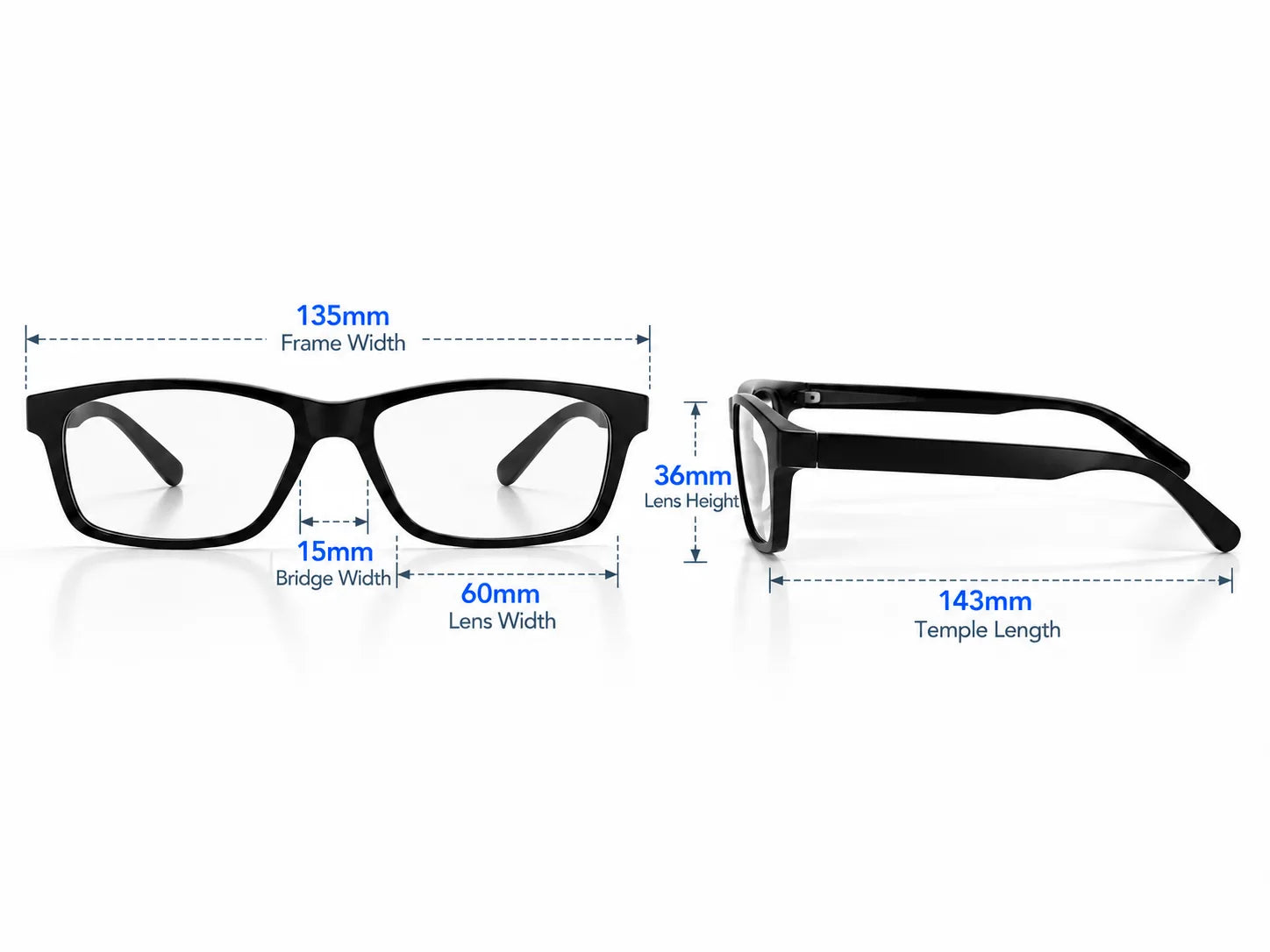 Y616 glasses product dimensions showing 135mm front width 143mm temple length 36mm lens height 60mm lens width and 15mm bridge