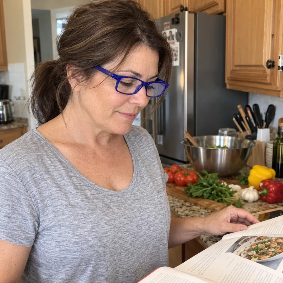 Woman wearing blue glasses while reading a cookbook in the kitchen