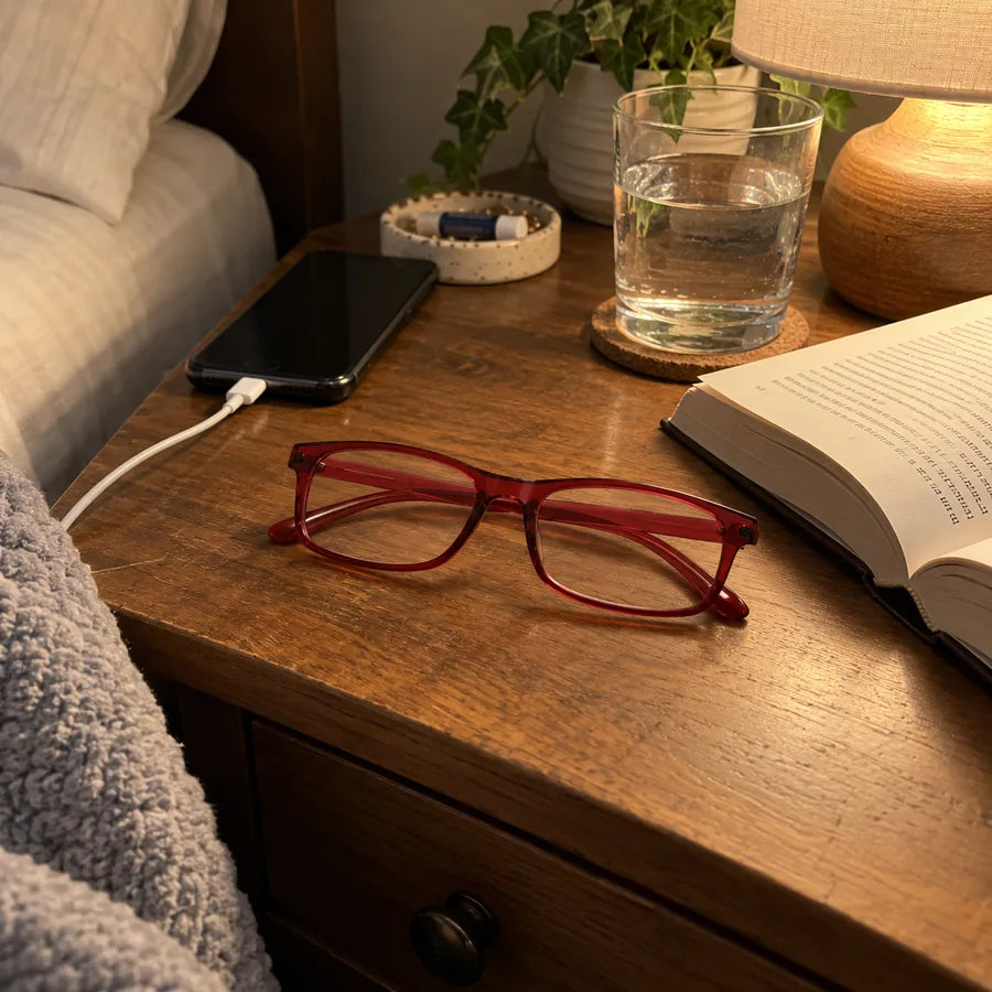Red glasses on a nightstand beside a book and phone