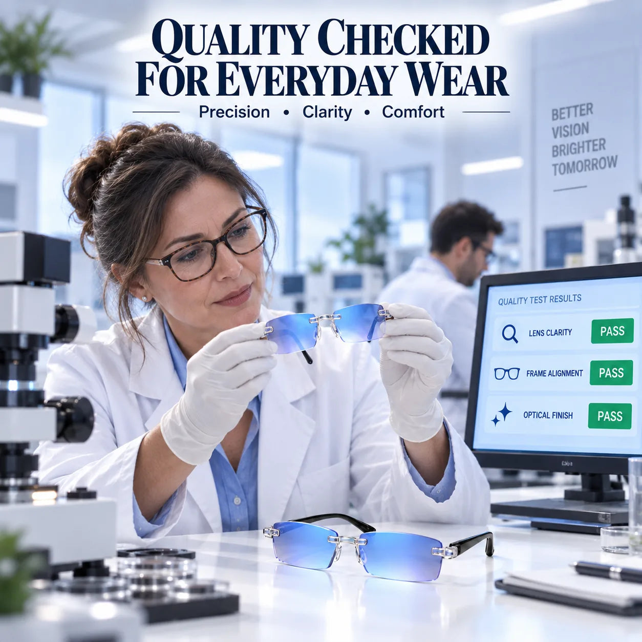 Professional inspection of glasses showing lens and frame quality