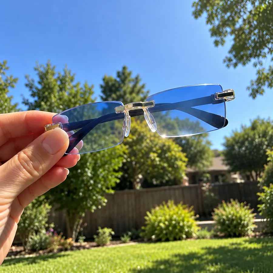 Blue-light rimless glasses held outdoors against a bright sky