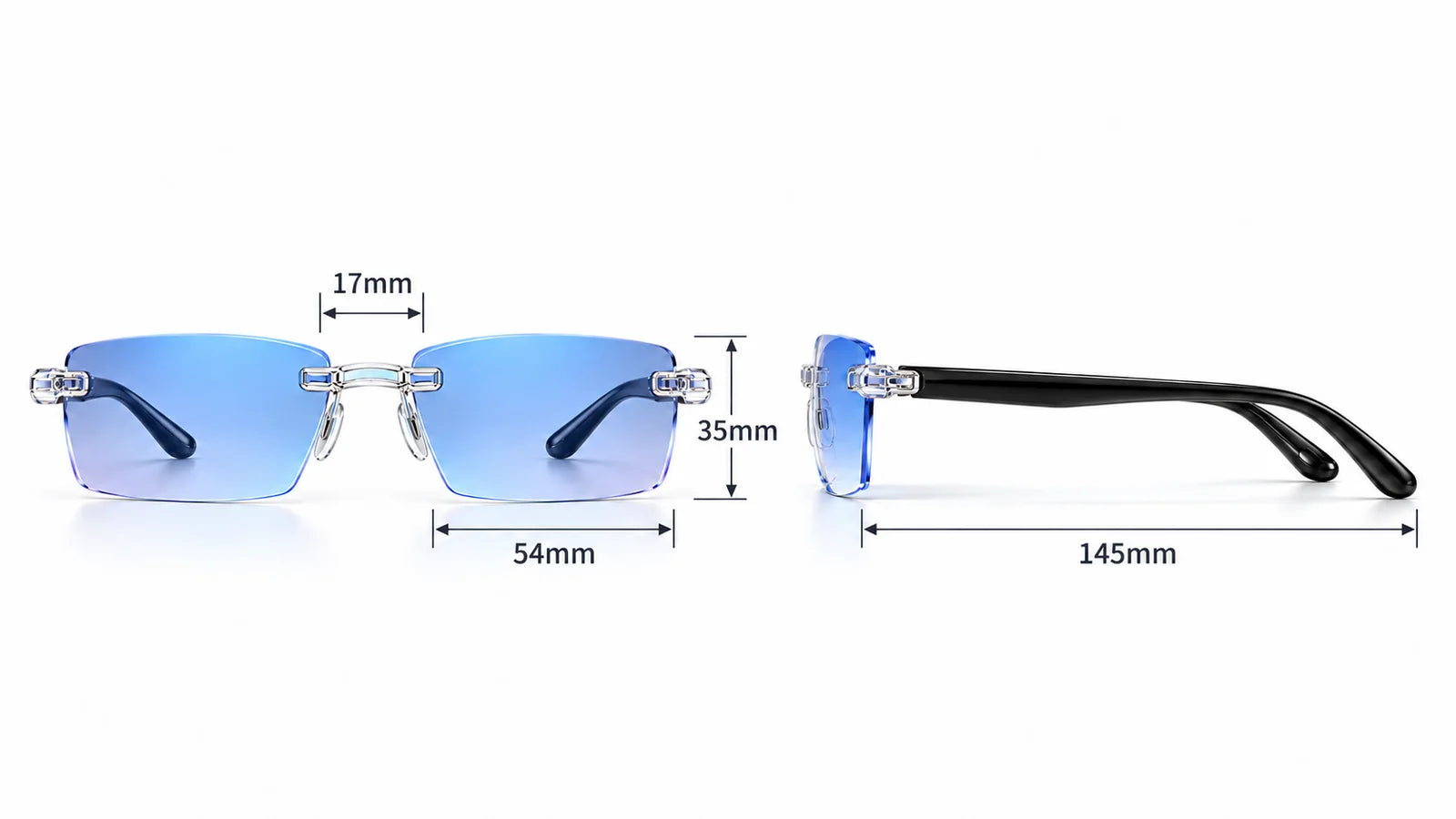Glasses dimensions showing 54mm lens width 35mm lens height 17mm bridge width and 145mm temple length